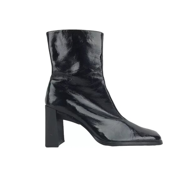Divertente Womens Black Leather Chunky Heel Square Toe Booties Size US 7.5 B - Picture 1 of 9
